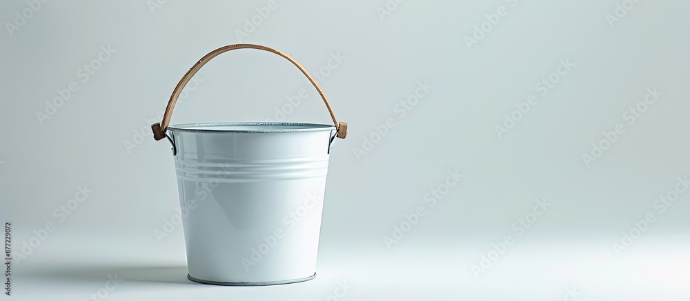 Poster White metal bucket with wooden handle displayed on a plain white backdrop for a copy space image