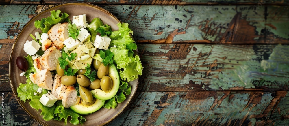 Poster top view of a ceramic plate with a fresh salad featuring chicken feta cheese avocado green olives an