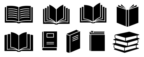 Open close book black line icons. Literature book logo. Textbook symbols. Vector illustration.