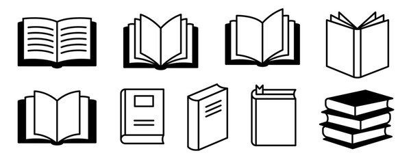 Open close book black line icons. Literature book logo. Textbook symbols. Vector illustration.