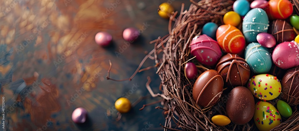Poster closeup view of delicious chocolate eggs with candies in a decorative nest perfect for a copy space 