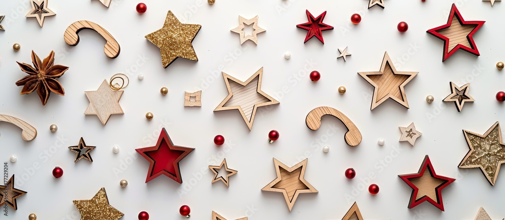 Poster festive wooden christmas decorations and stars arranged on a white background capturing the essence 