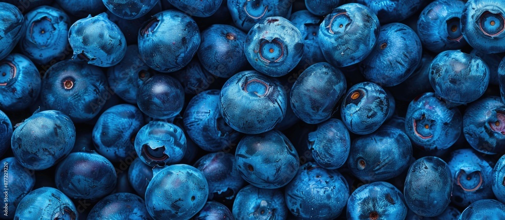 Poster close up texture image of fresh blueberries creating a vibrant background with copy space image