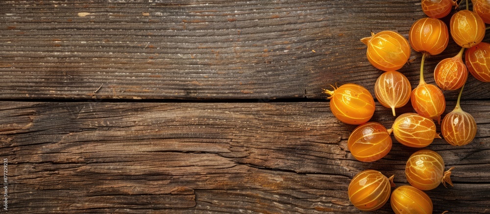 Poster overhead shot of cape gooseberries on a wooden surface with space for additional images