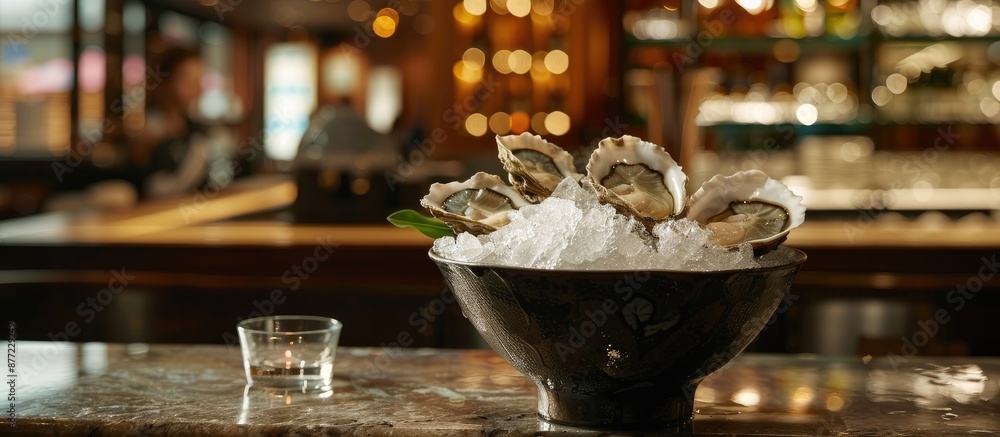 Leinwandbilder bucket of ice with fresh oysters placed on a table at the japanese restaurant ready for serving appe