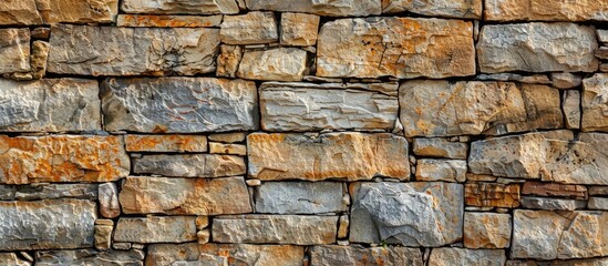Obraz premium An aged masonry wall displaying a weathered stone surface with a rustic appeal suitable for a copy space image