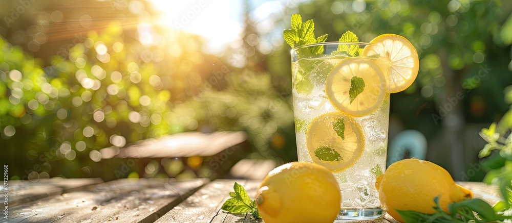 Aufkleber A refreshing glass of homemade lemonade garnished with lemon slices and fresh mint leaves sits on an outdoor table in a sunny garden setting providing ample copy space in the image