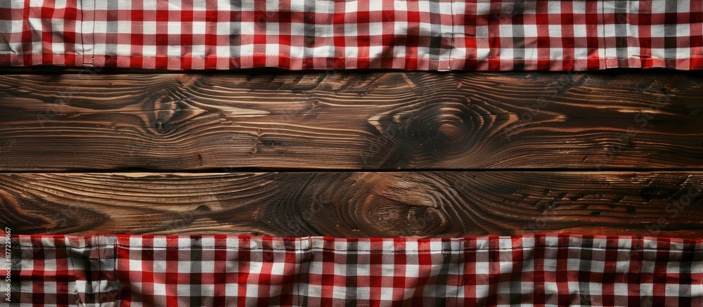 Aufkleber Top view of a wooden table covered with a checkered tablecloth providing space for text in the image. with copy space image. Place for adding text or design