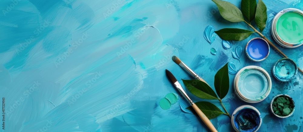 Poster Watercolor paint set and brushes displayed from above on a blue background with copy space image on the right