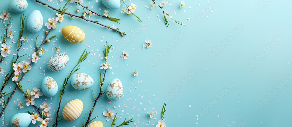 Aufkleber Create an Easter themed card design featuring willow twigs Easter eggs and flowers against a background with copy space image