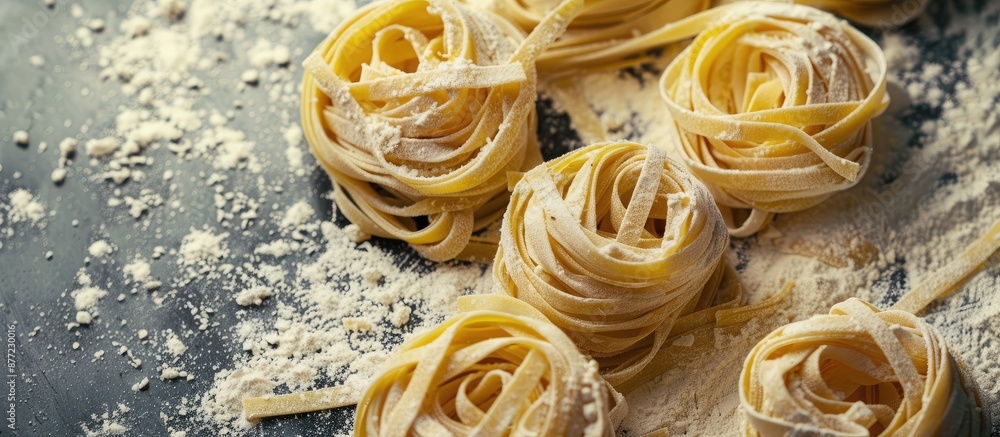 Poster uncooked pasta arranged on a table shaped like nests with flour and seasonings creating a visually a