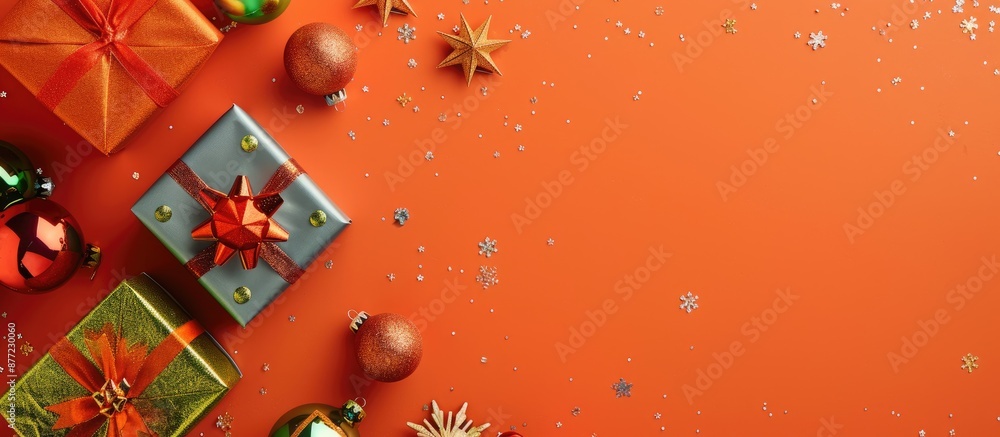 Poster christmas presents shiny ornaments and copy space image on an orange background seen from above in a