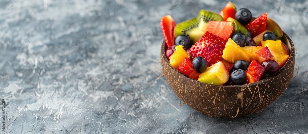 Poster vegan concept with a delicious fruit salad in a coconut bowl on a gray background with a text space 