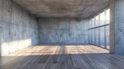 Perspective view of an empty room with concrete walls and wooden floor for product display or montage