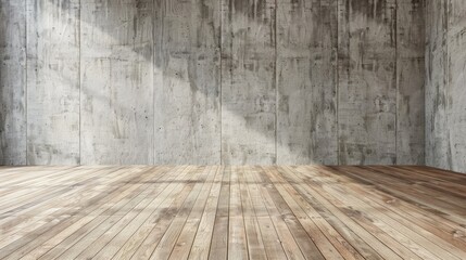 Perspective view of an empty room with concrete walls and wooden floor for product display or montage
