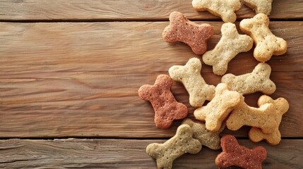 Fototapeta premium Pet product advertisement with bone shaped dog snacks on wooden background