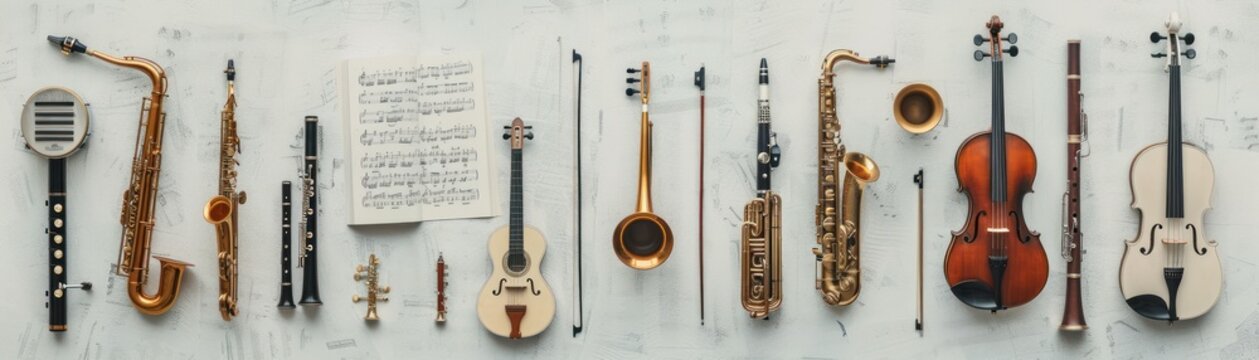 Various musical instruments arranged on a white background.