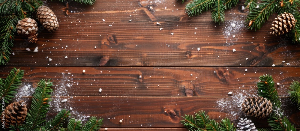 Poster wooden christmas backdrop with evergreen tree snow decorations and room for a copy space image