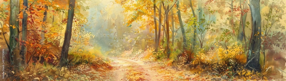 Aufkleber a serene autumn forest with a sunlit path covered in colorful foliage. the vibrant colors evoke a se