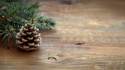 Pinecone and Pine on Wooden Surface with Space for Text