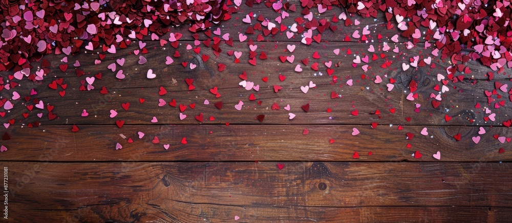 Poster heart shaped pink and red confetti arranged on a brown wooden backdrop creating a valentine s day th