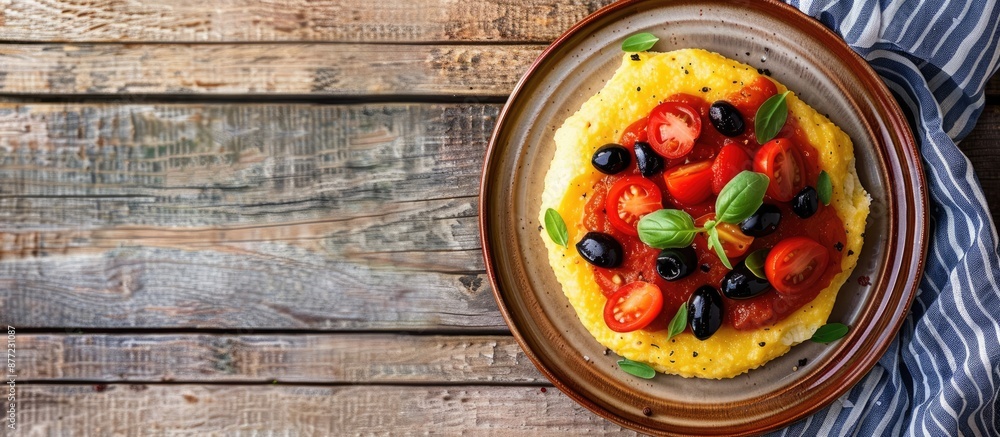 Poster delicious polenta appetizer topped with tomatoes and black olives viewed from the top with copy spac