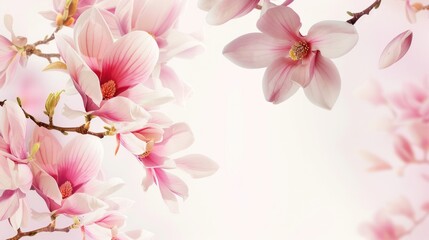 Pink magnolia flowers with white center for text or logo