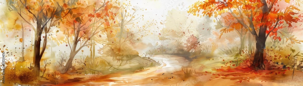 Poster watercolor painting of an autumn forest with colorful trees and a winding path, evoking a serene and