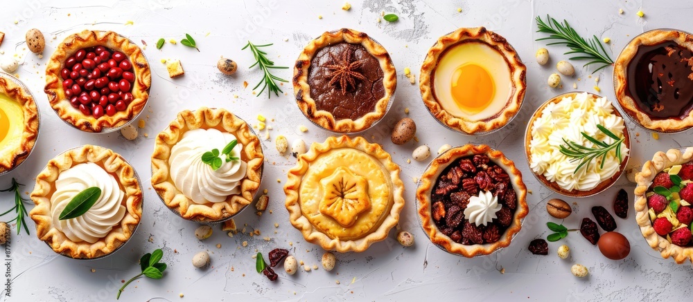 Aufkleber Modern and stylish Easter pies with festive toppings arranged in a rustic composition on a white background with copy space image