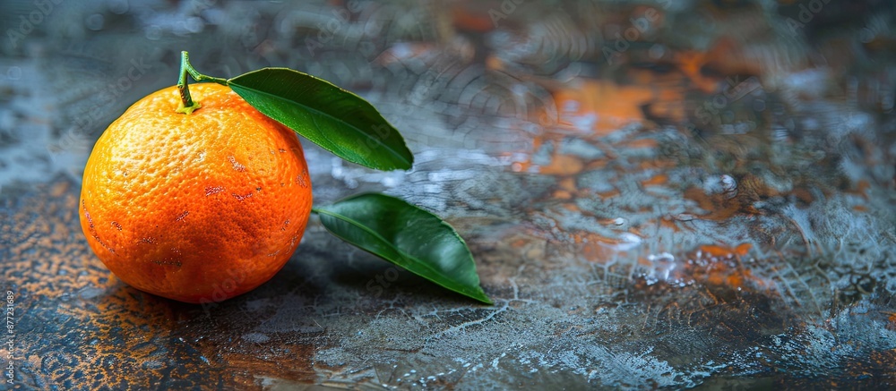 Poster a single ripe tangerine with a leaf on a dark backdrop providing copy space image