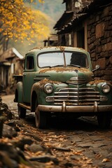 Obraz premium Towards the past the timeless beauty of vintage trucks in the rural scenario, generative IA