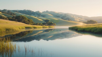 Obraz premium A serene landscape captured in soft light, with gentle shadows adding depth to rolling hills and tranquil water, showcasing professional photography's artistry