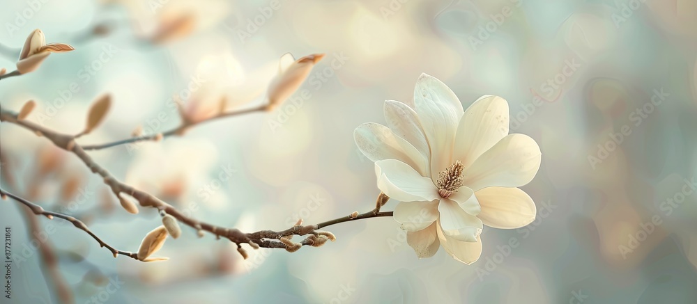Fototapete Spring background with a white magnolia flower on a branch in focus set against a blurred backdrop to create a charming copy space image