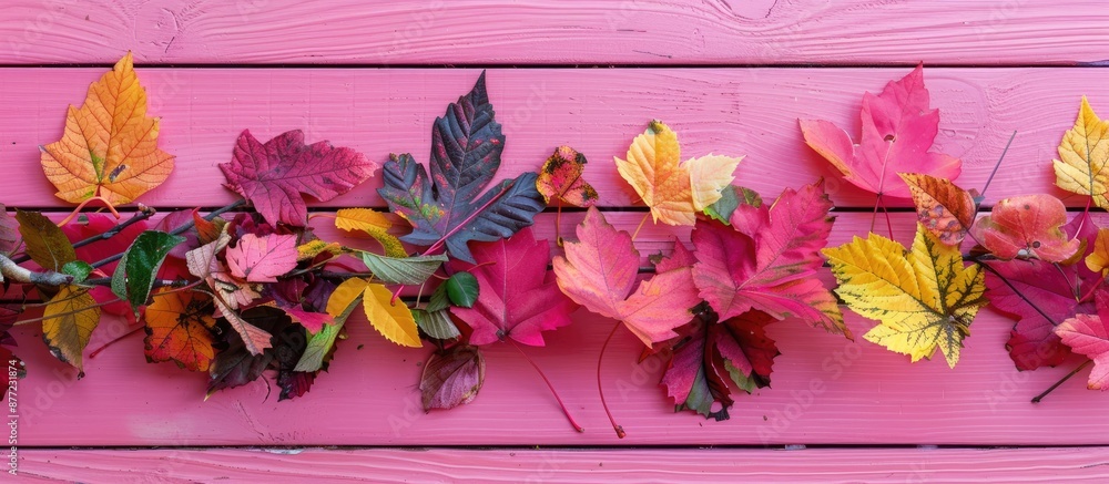 Poster colorful autumn leaves arranged on a pink wooden surface creating an eye catching setting for a copy