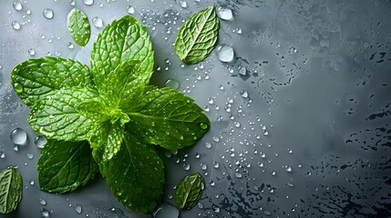 Fresh mint leaves with sparkling water droplets, set against a vibrant green and subtle gray background, emphasizing the freshness and aromatic properties of the herb.