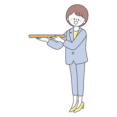 お盆を持っているスーツの女性のイラスト