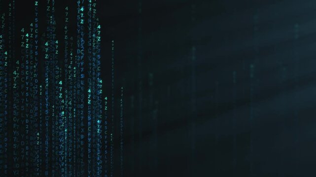 Binary code matrix style on dark background with glowing light data.