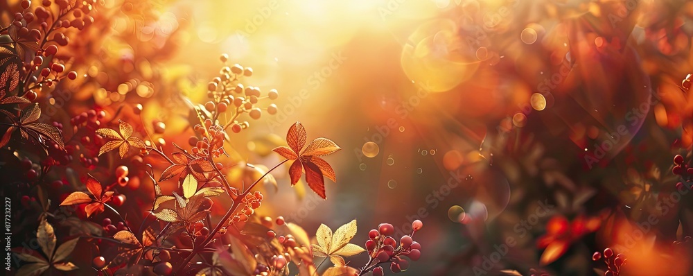 Poster beautiful autumn leaves and berries illuminated by golden sunlight, creating a warm and serene fall 