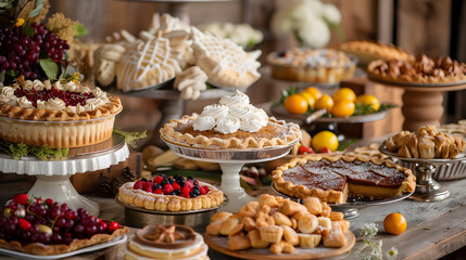 An artistic photo of a Thanksgiving dessert table, featuring an array of pies, cakes, and sweet treats. Emphasize the delicate textures, vibrant colors, and the festive, inviting atmosphere.


