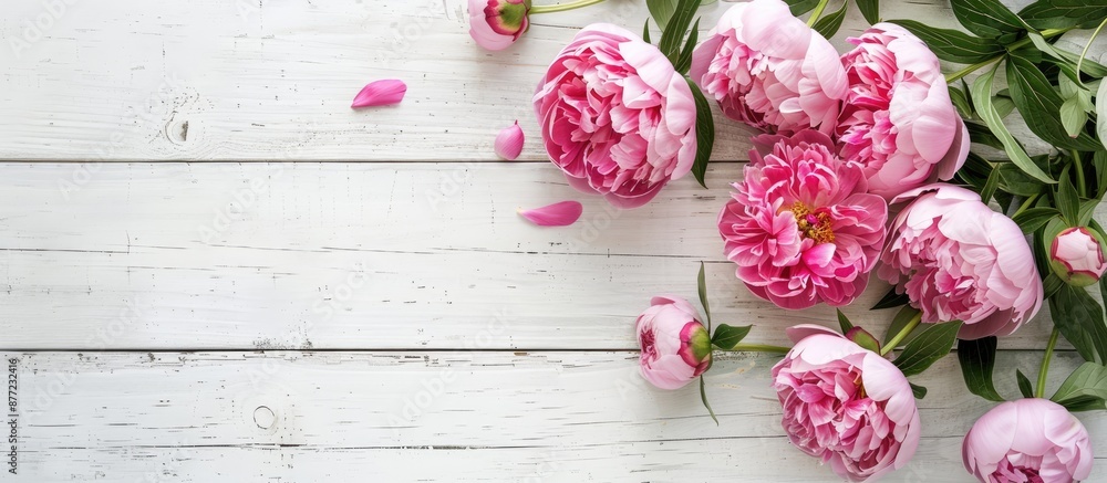 Aufkleber Pink peony flowers on a white wooden surface from above with room for text or other elements in the image. with copy space image. Place for adding text or design