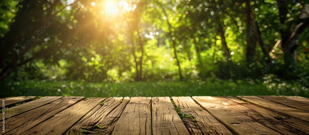 Poster Wooden table with no objects on it set against a blurred green nature backdrop creating a serene copy space image