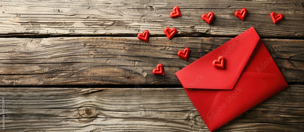 Poster romantic valentine s day mockup with red envelope on wooden backdrop adorned with small hearts blank