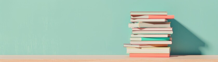 Fototapeta premium Stack of books against a mint green wall.