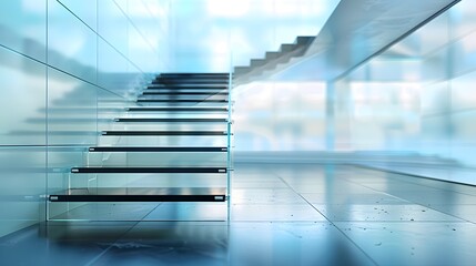Obraz premium Modern glass staircase with black steps in a blurred background of an interior, with light blue and white colors, in a minimalistic style, with high resolution photography.