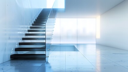 Obraz premium Modern glass staircase with black steps in a blurred background of an interior, with light blue and white colors, in a minimalistic style, with high resolution photography.