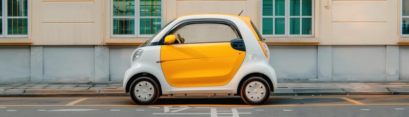 Electric car sharing service parked near urban green spaces, sustainable urban transit, community-based mobility