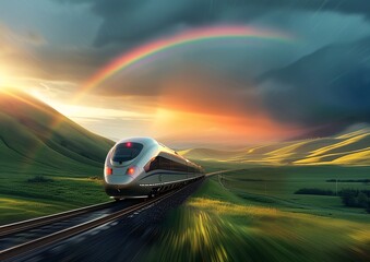 Obraz premium Modern High-Speed Train Traveling Through Scenic Countryside with Rainbow at Sunset