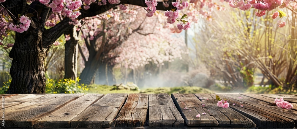 Aufkleber Rustic wooden table positioned in front of a blossoming cherry tree ideal for product display or a picnic with space for images. with copy space image. Place for adding text or design