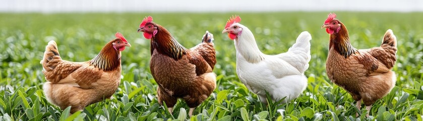 Fototapeta premium Free-range chickens grazing on a green pasture, organic farming methods, humane animal husbandry