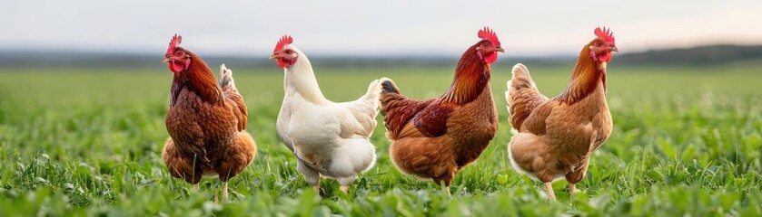 Fototapeta premium Free-range chickens grazing on a green pasture, organic farming methods, humane animal husbandry
